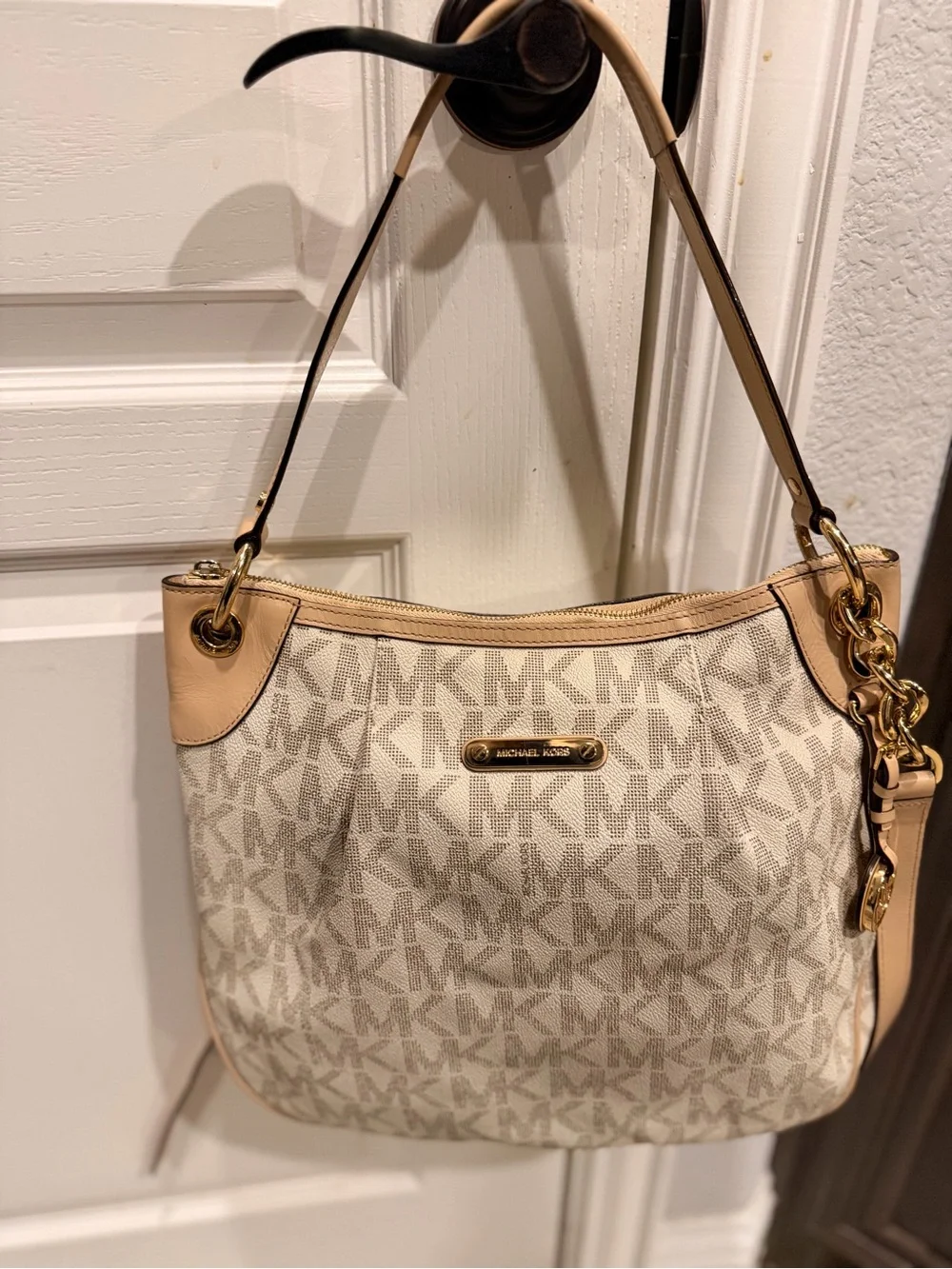 Michael Kors Beige Logo Hobo with Gold Hardware